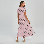 Black And Pink Cat Pattern Print Short Sleeve Maxi Dress