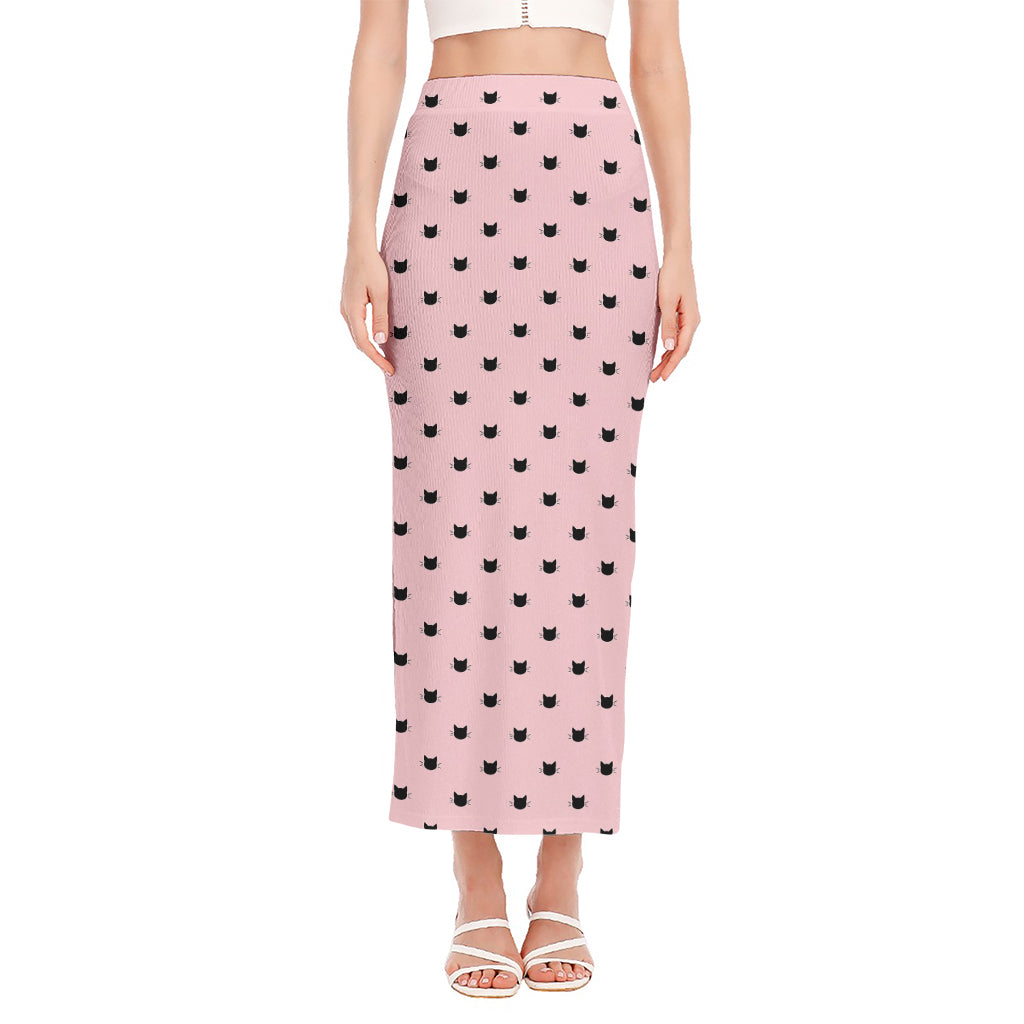 Black And Pink Cat Pattern Print Side Slit Maxi Skirt