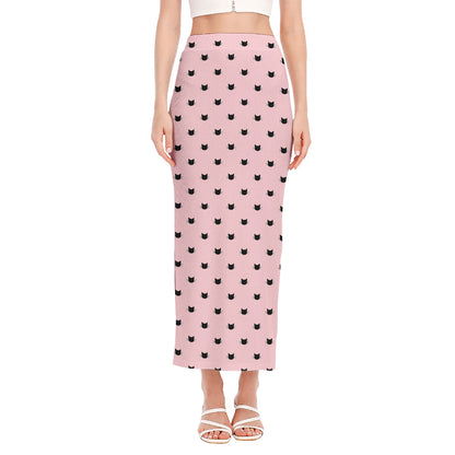 Black And Pink Cat Pattern Print Side Slit Maxi Skirt