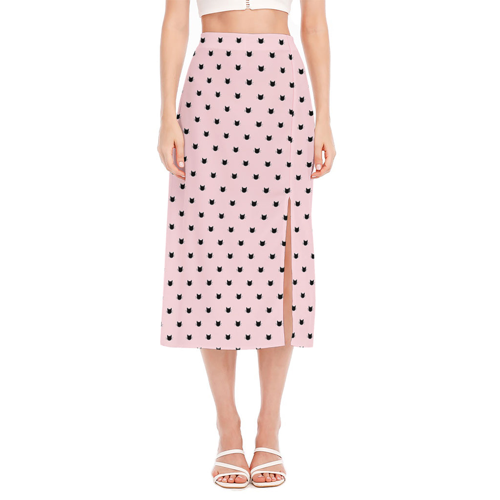 Black And Pink Cat Pattern Print Side Slit Midi Skirt