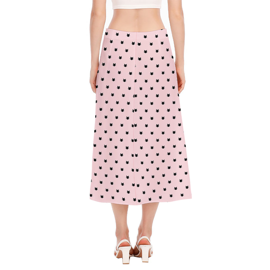 Black And Pink Cat Pattern Print Side Slit Midi Skirt