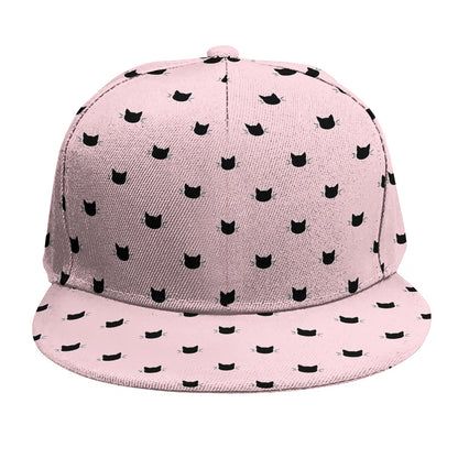 Black And Pink Cat Pattern Print Snapback Cap