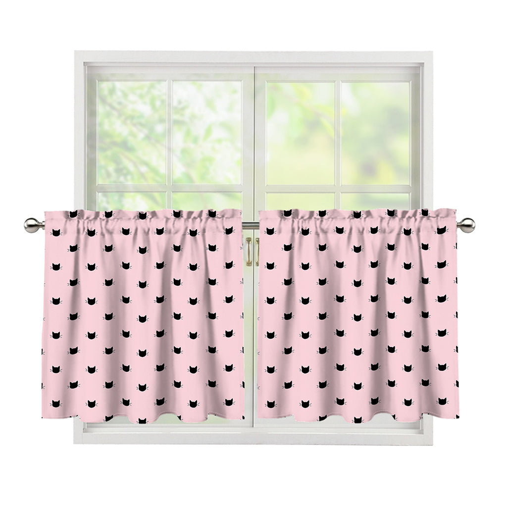 Black And Pink Cat Pattern Print Tier Curtains