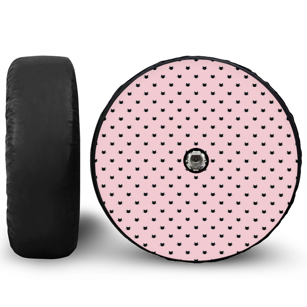 Black And Pink Cat Pattern Print Tire Cover With Camera Hole