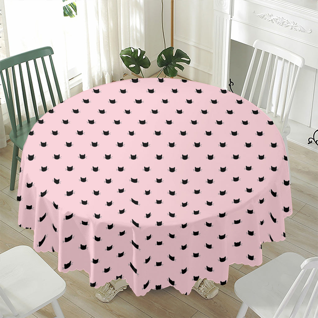 Black And Pink Cat Pattern Print Waterproof Round Tablecloth