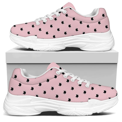 Black And Pink Cat Pattern Print White Chunky Shoes