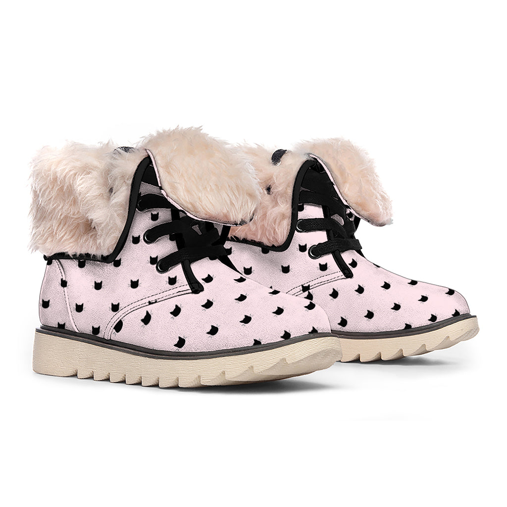 Black And Pink Cat Pattern Print Winter Boots