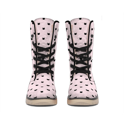 Black And Pink Cat Pattern Print Winter Boots