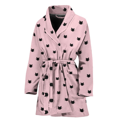 Black And Pink Cat Pattern Print Women's Bathrobe