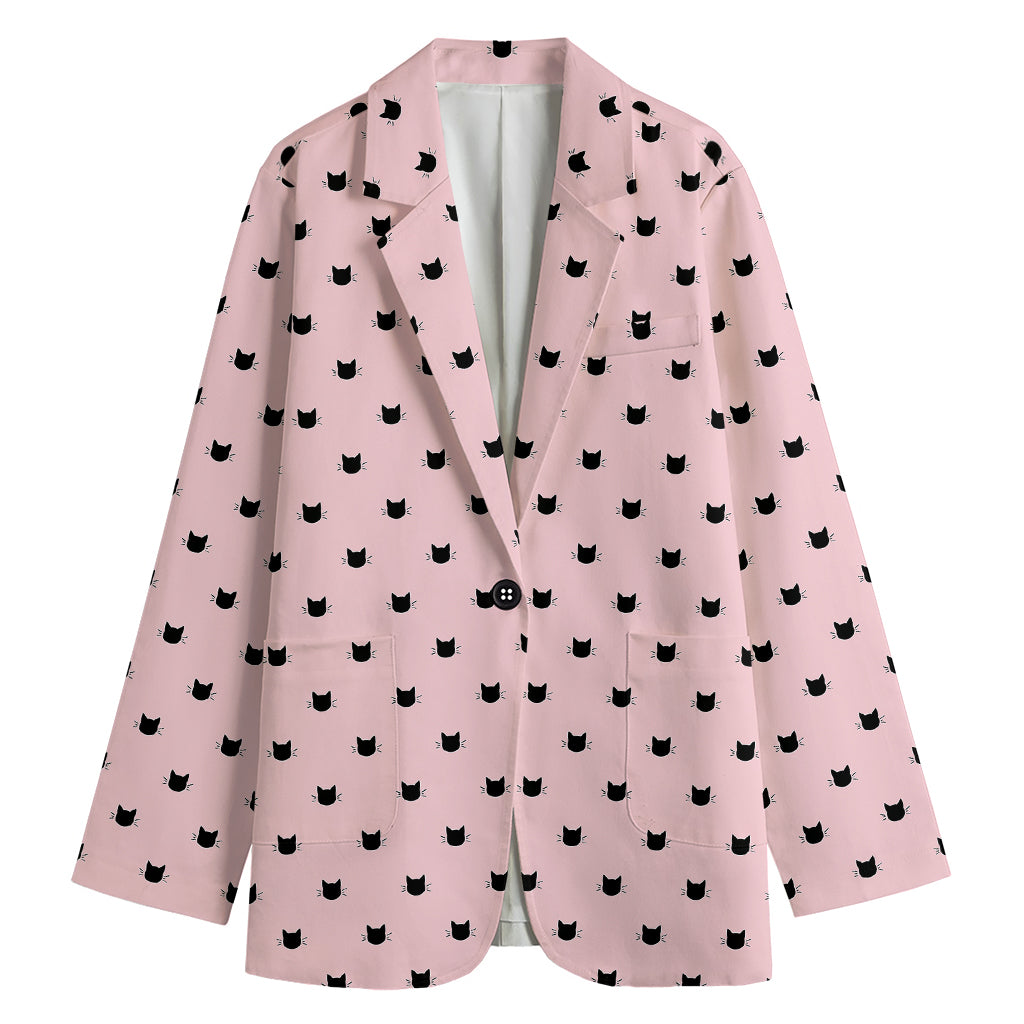Black And Pink Cat Pattern Print Women's Blazer