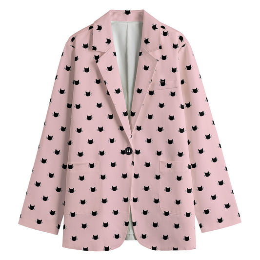 Black And Pink Cat Pattern Print Women's Blazer