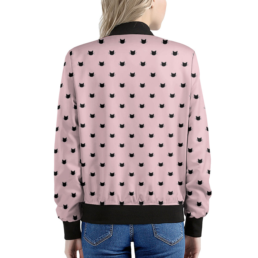 Black And Pink Cat Pattern Print Women's Bomber Jacket