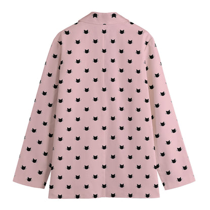 Black And Pink Cat Pattern Print Women's Cotton Blazer