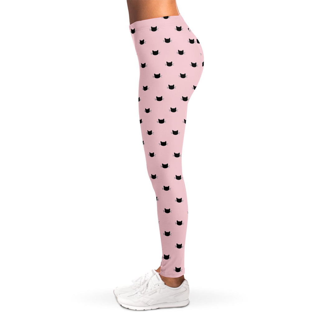 Black And Pink Cat Pattern Print Women's Leggings