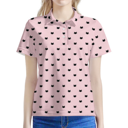 Black And Pink Cat Pattern Print Women's Polo Shirt