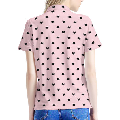 Black And Pink Cat Pattern Print Women's Polo Shirt