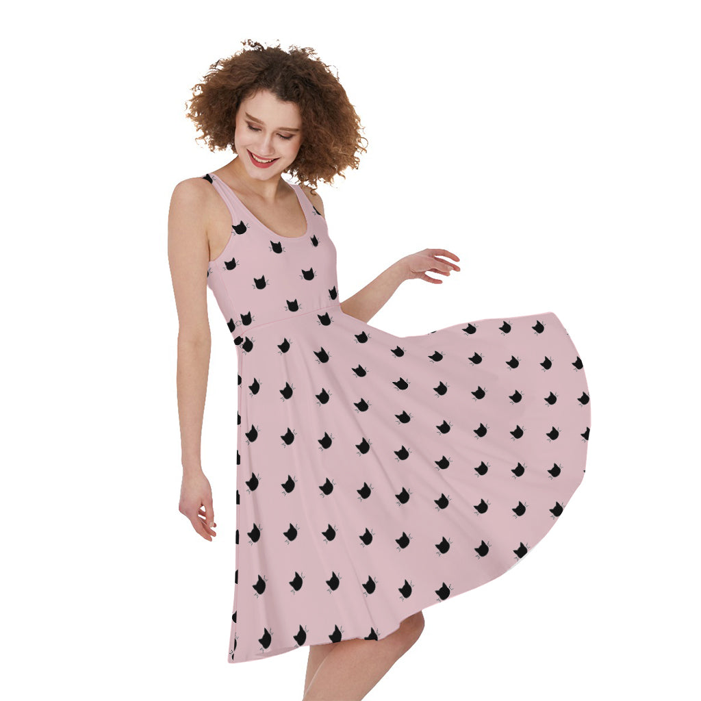 Black And Pink Cat Pattern Print Women's Sleeveless Dress