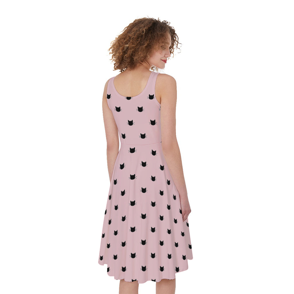 Black And Pink Cat Pattern Print Women's Sleeveless Dress