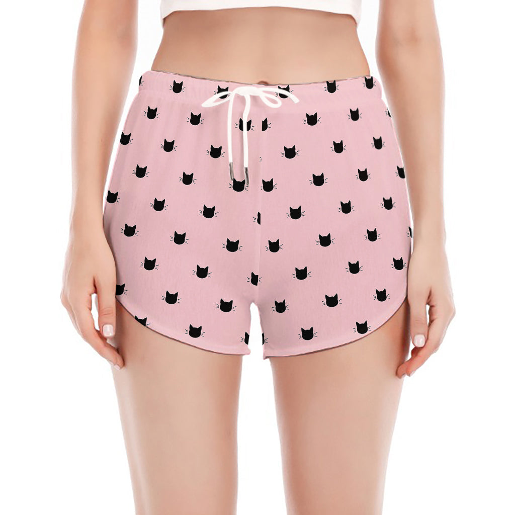 Black And Pink Cat Pattern Print Women's Split Running Shorts