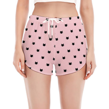 Black And Pink Cat Pattern Print Women's Split Running Shorts
