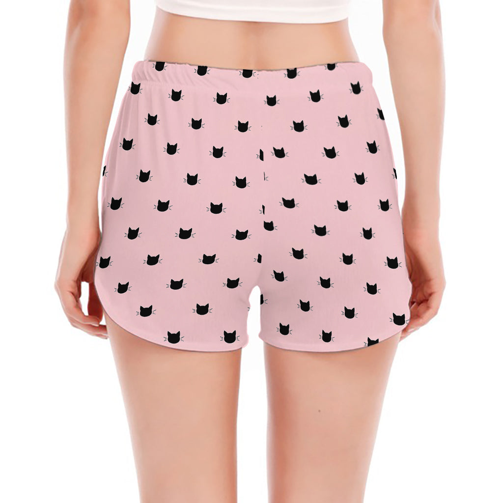 Black And Pink Cat Pattern Print Women's Split Running Shorts