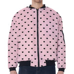 Black And Pink Cat Pattern Print Zip Sleeve Bomber Jacket