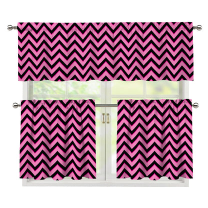 Black And Pink Chevron Pattern Print 3 Piece Kitchen Curtains