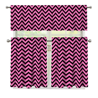 Black And Pink Chevron Pattern Print 3 Piece Kitchen Curtains