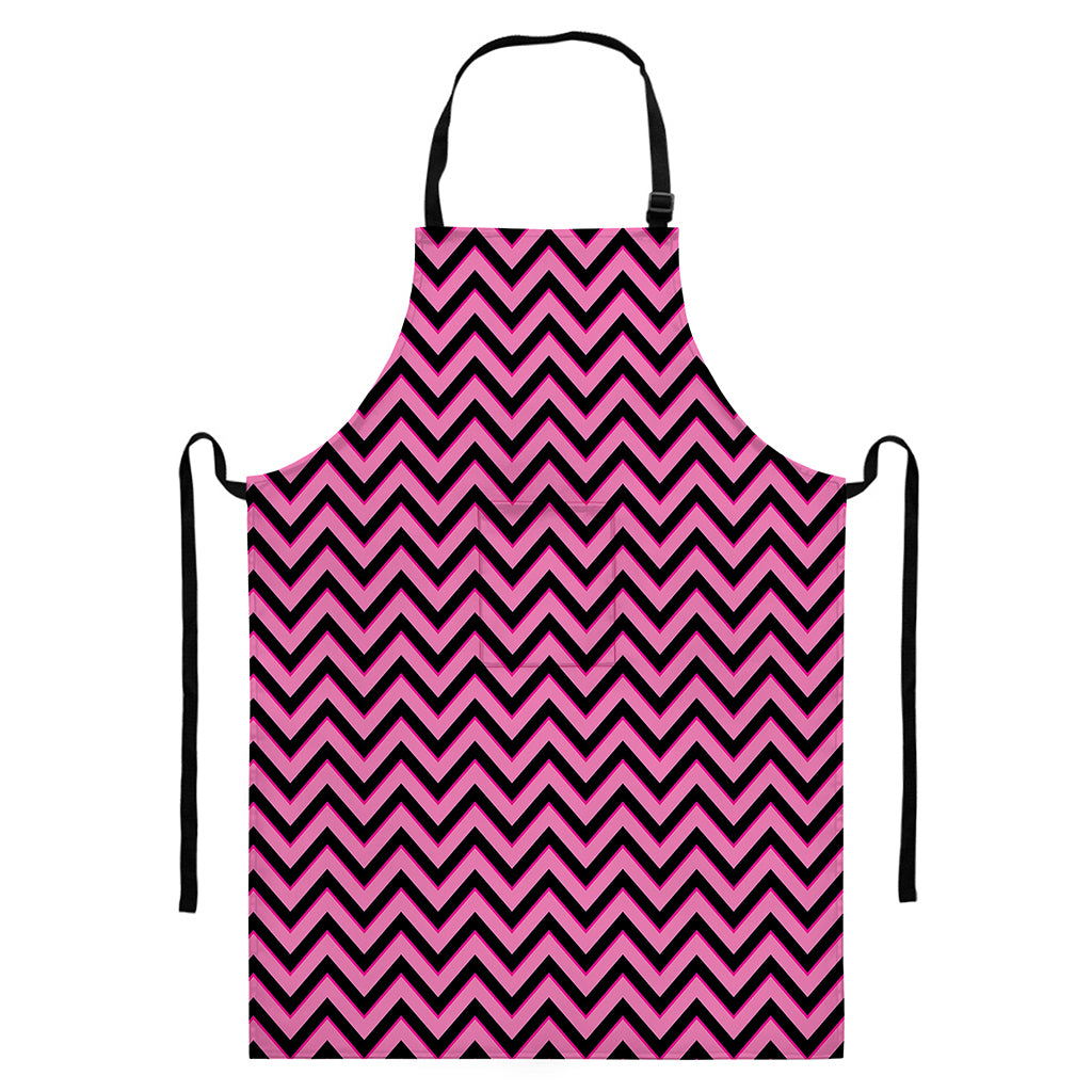 Black And Pink Chevron Pattern Print Bib Apron With Pocket