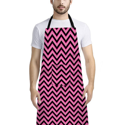 Black And Pink Chevron Pattern Print Bib Apron With Pocket