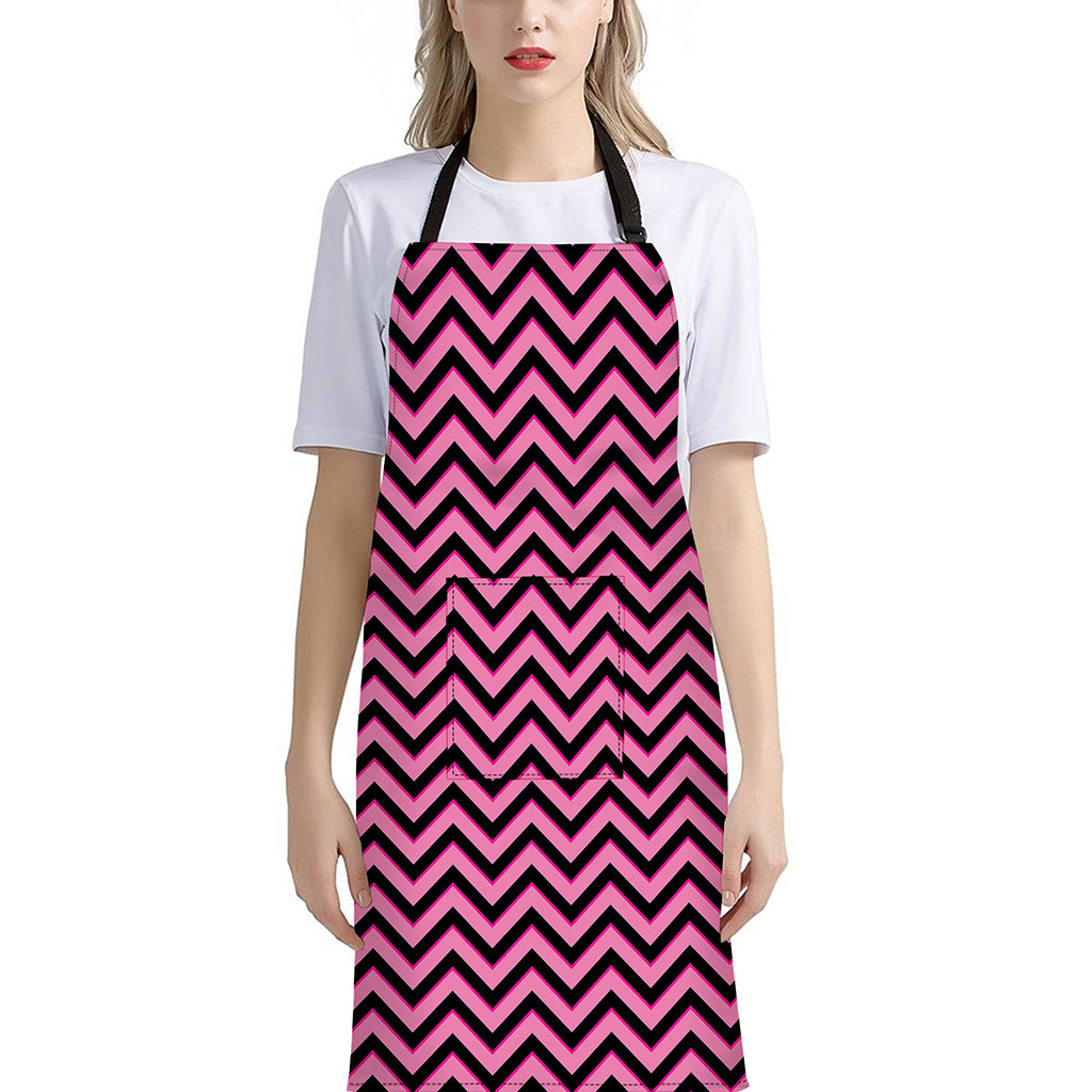 Black And Pink Chevron Pattern Print Bib Apron With Pocket