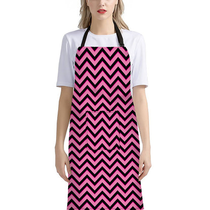 Black And Pink Chevron Pattern Print Bib Apron With Pocket