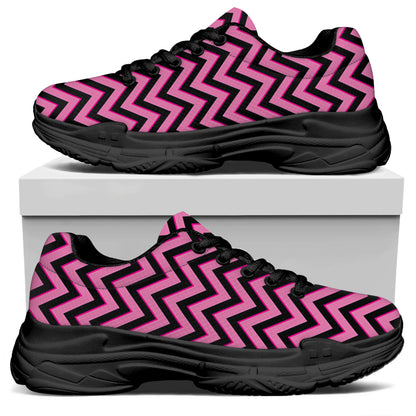 Black And Pink Chevron Pattern Print Black Chunky Shoes