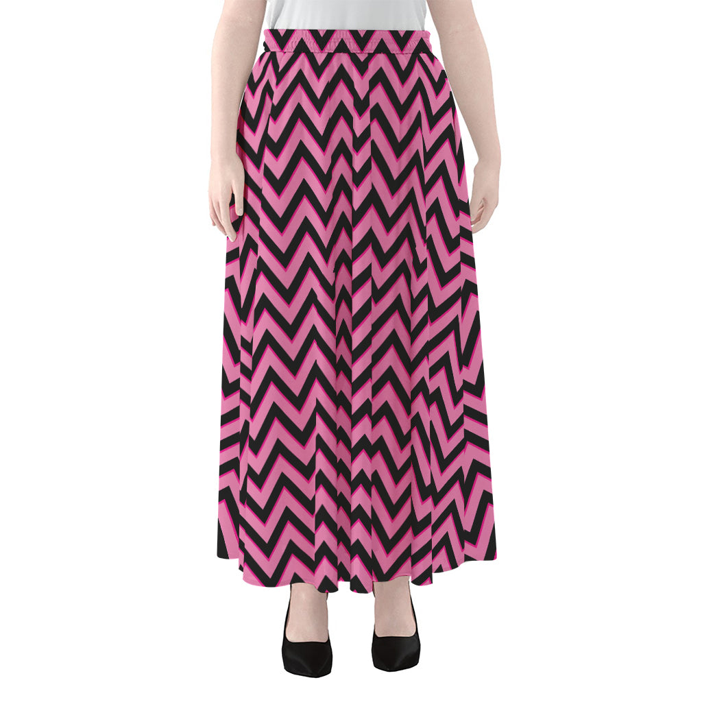 Black And Pink Chevron Pattern Print Chiffon Maxi Skirt