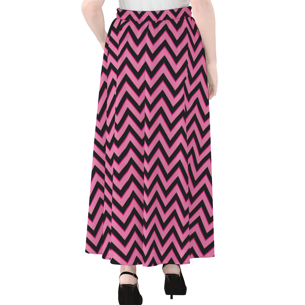 Black And Pink Chevron Pattern Print Chiffon Maxi Skirt
