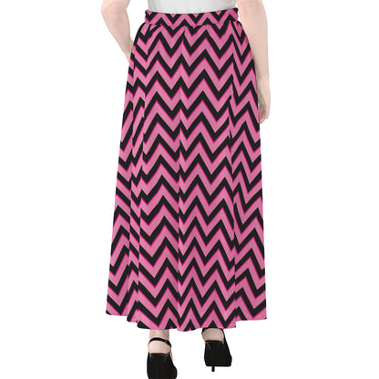 Black And Pink Chevron Pattern Print Chiffon Maxi Skirt