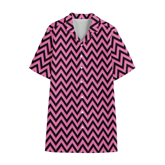 Black And Pink Chevron Pattern Print Cotton Hawaiian Shirt