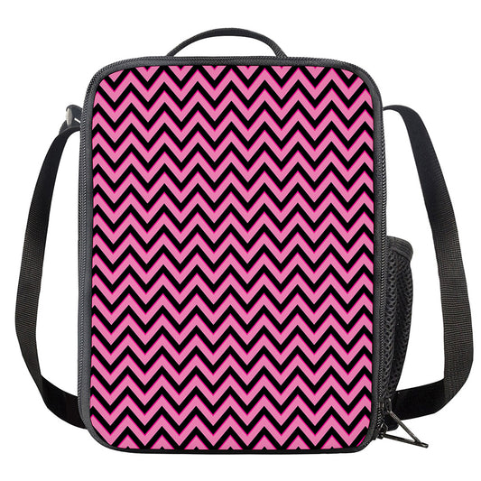Black And Pink Chevron Pattern Print Crossbody Lunch Bag