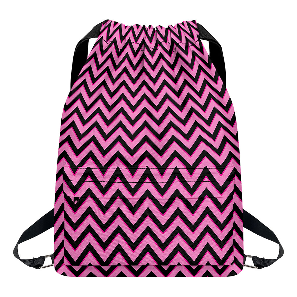 Black And Pink Chevron Pattern Print Drawstring Backpack