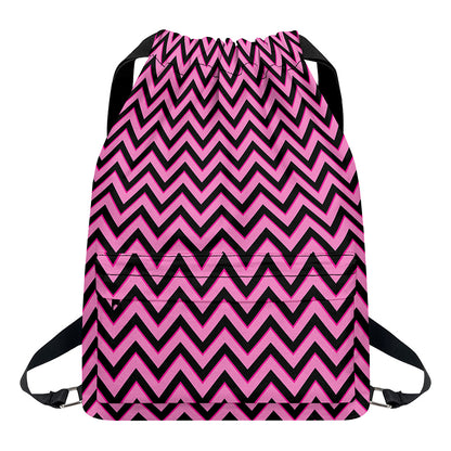 Black And Pink Chevron Pattern Print Drawstring Backpack