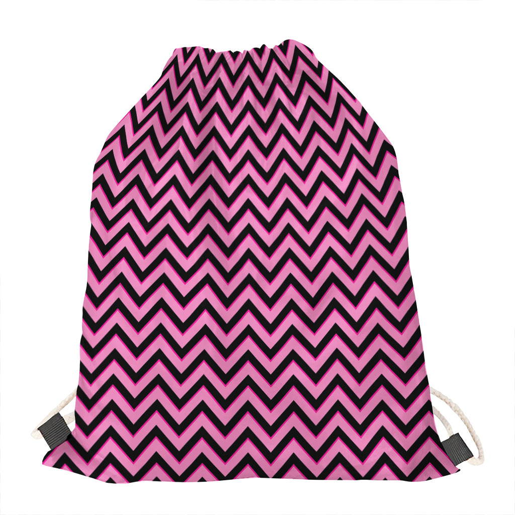 Black And Pink Chevron Pattern Print Drawstring Bag