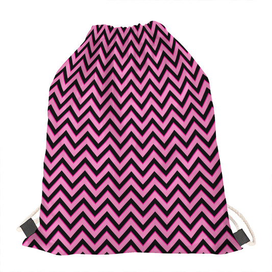 Black And Pink Chevron Pattern Print Drawstring Bag