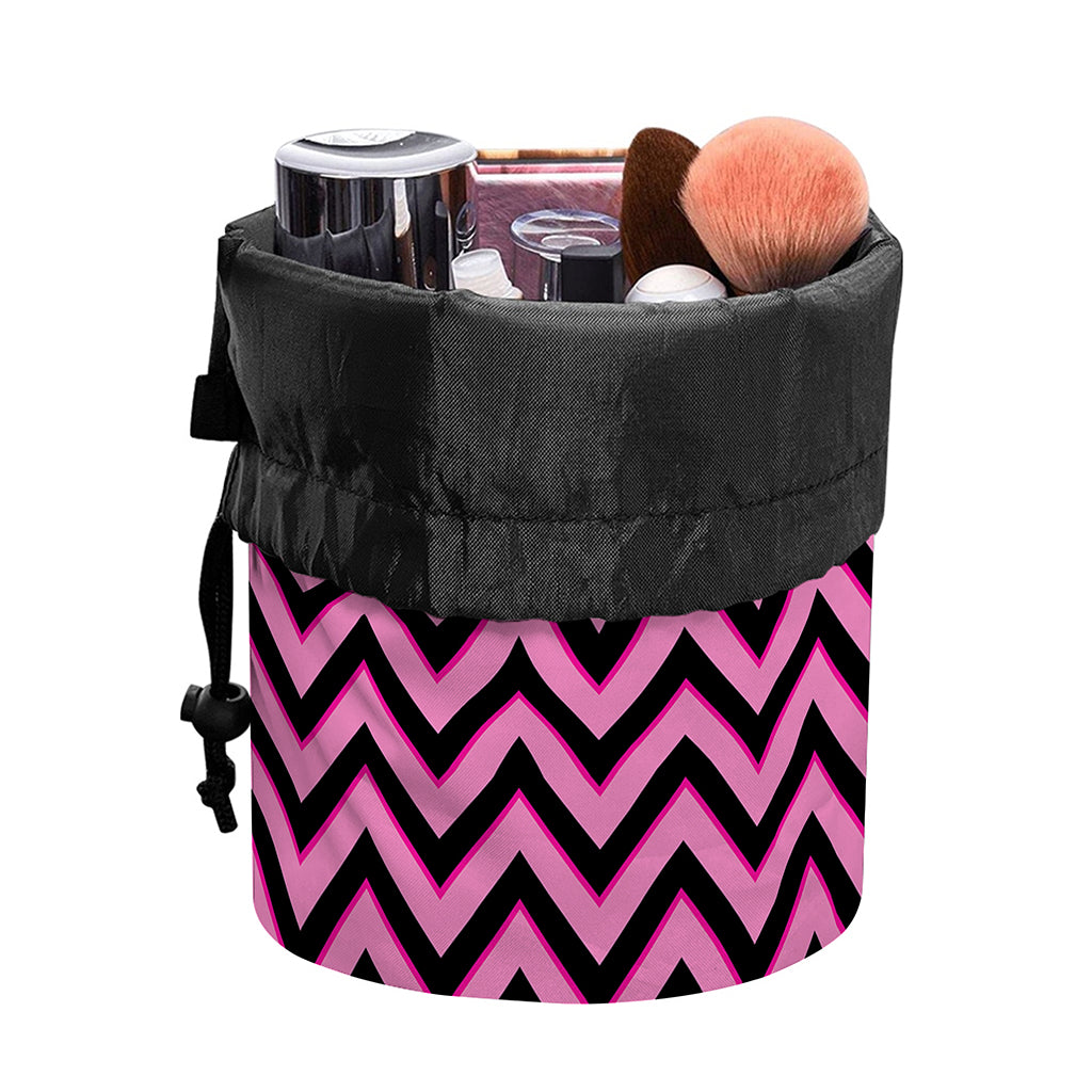 Black And Pink Chevron Pattern Print Drawstring Makeup Bag