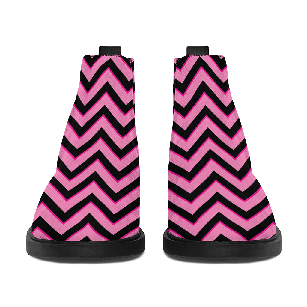 Black And Pink Chevron Pattern Print Flat Ankle Boots