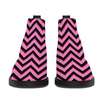 Black And Pink Chevron Pattern Print Flat Ankle Boots