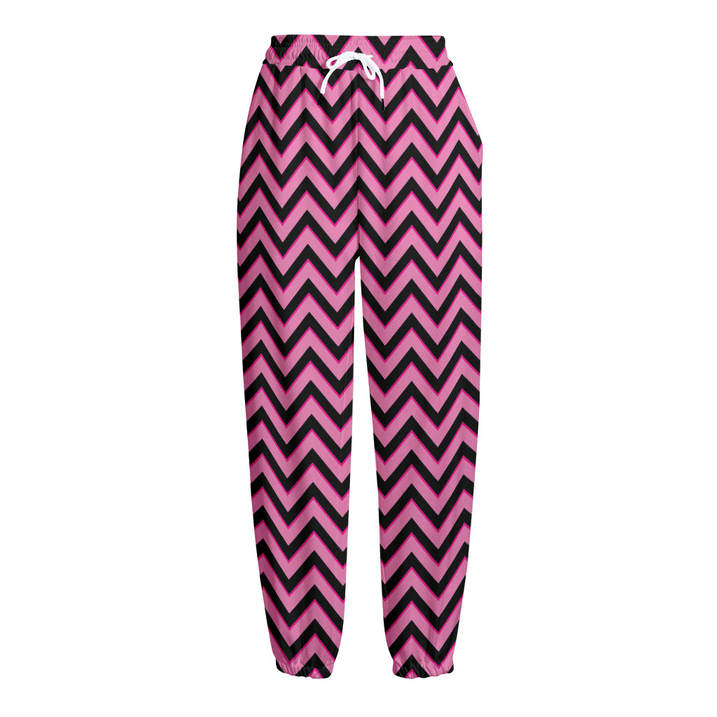Black And Pink Chevron Pattern Print Fleece Lined Knit Pants