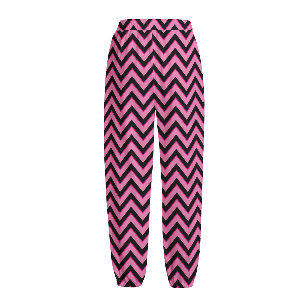 Black And Pink Chevron Pattern Print Fleece Lined Knit Pants