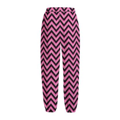 Black And Pink Chevron Pattern Print Fleece Lined Knit Pants