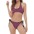 Black And Pink Chevron Pattern Print Halter Scoop Tie Side Bikini