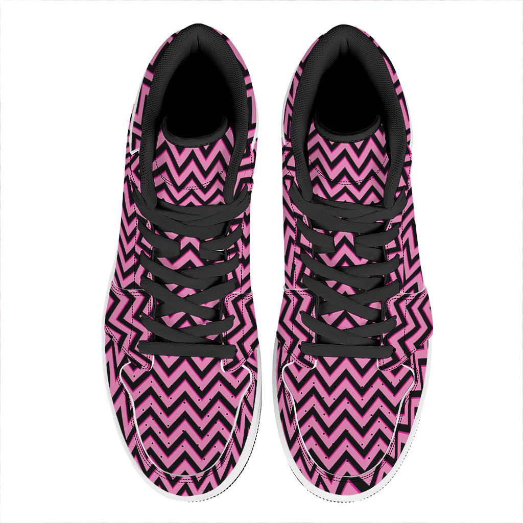 Black And Pink Chevron Pattern Print High Top Leather Sneakers